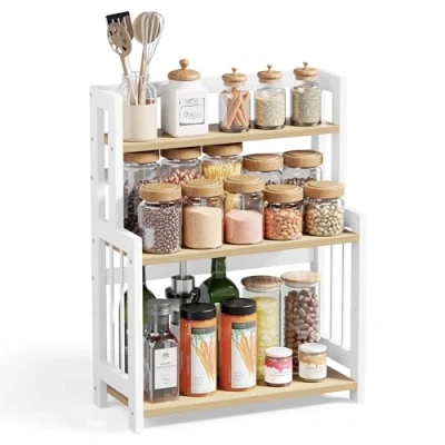 Afbeelding van SONGMICS Kruidenrek, opbergrek met 3 niveaus, bureau organizer, frame van bamboe, voor keuken, eetkamer, kantoor, natuurlijk eiken en wolkenwit OFS047Y01