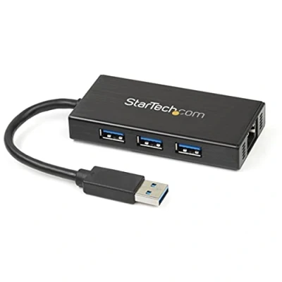 Image de StarTech.com Hub USB 3.0 portable à 3 ports avec adaptateur Gigabit Ethernet NIC et câble intégré Aluminium concentrateur (hub)