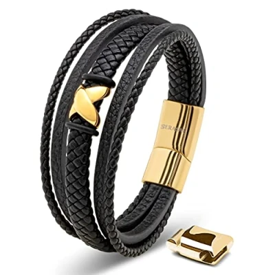 Afbeelding van SERASAR Polsbandje voor Herren [Flake] Goud 20cm Armbanden van Koeienhuid