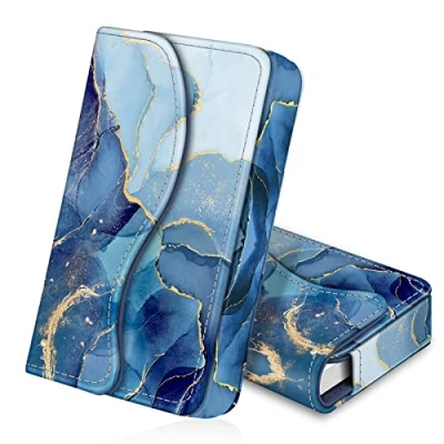 Afbeelding van FINTIE Visitekaarthouder/creditcardhouder, premium PU lederen handgemaakte universele kaarthouder organizer met magneetsluiting, Z Marmer Oceaan, Retro