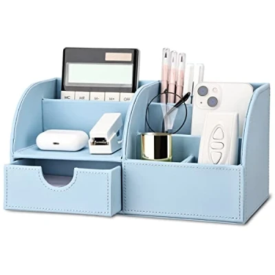 Afbeelding van KINGFOM Bureau Organizer Organisatiesysteem Tafel PU Lederen Pennenhouder Pennenbox Pennenkoker Multifunctionele Kantoorbenodigdheden (Blauw)