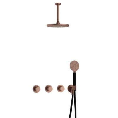 Afbeelding van Hotbath Cobber Regendoucheset IBS70 Geborsteld Koper PVD Ronde handdouche 20cm Hoofddouche 15cm Plafondbuis Handouche met wandhouder
