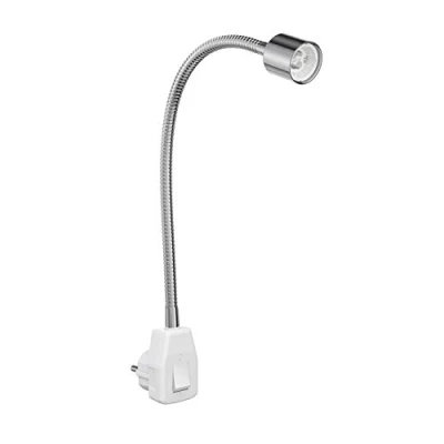 Afbeelding van ledscom.de LESCH stekkerlamp/leeslamp, zwanenhals, chroom/wit, 1 x GU10 max. 10 W, draaibaar, lichtarm, tuimelschakelaar, eenvoudige montage, stekkerlamp, stekkerspot,