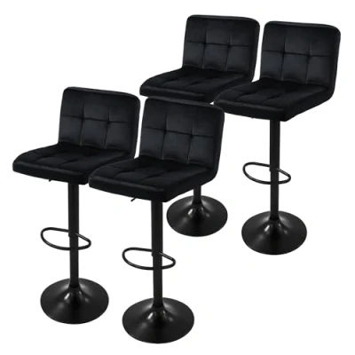 Afbeelding van ML Design barkruk set van 4, fluwelen bekleding, zwart, gestoffeerde met rugleuning en voetensteun, baliekruk in hoogte verstelbaar 63 83cm, 360 draaibaar, bistrostoel draaistoel barstoelen