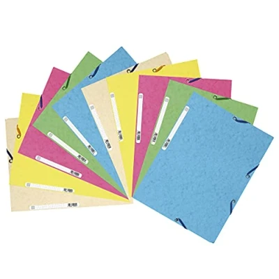 Image de Exacompta Réf. 55550E Paquet de 10 chemises à élastiques pochettes 3 rabats en carte lustrée 400 g/m2 dimensions 24 x 32 cm pour documents au format A4 5 couleurs assorties