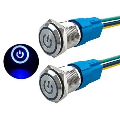 Afbeelding van Aiqeer 2 stuks, 16 mm, zelfblokkerende drukknopschakelaar, 12 V/24 V, 5 A, drukknopschakelaar van roestvrij staal, waterdicht IP67, met voorbedrade stekker (blauwe led)