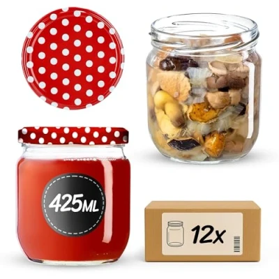 Afbeelding van KADAX jampotten, set van 12 stuks, 425 ml, met schroefdeksel, inmaakpotten voor jam, honing (rode erwten)