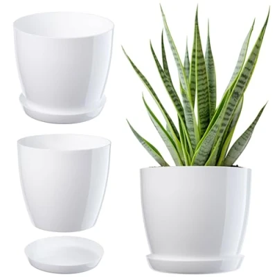 Afbeelding van KADAX Elegante bloempot, plantenpot met onderzetter, ronde bloempot van kunststof, voor bloemen, schotel, geschikt binnen, Ø 18 cm, wit