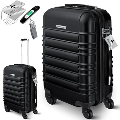 Afbeelding van KESSER® Reiskoffer met bagageweegschaal + bagagelabel trolley koffer combinatie 4 wielen ABS harde telescopische handgreep, zwart.