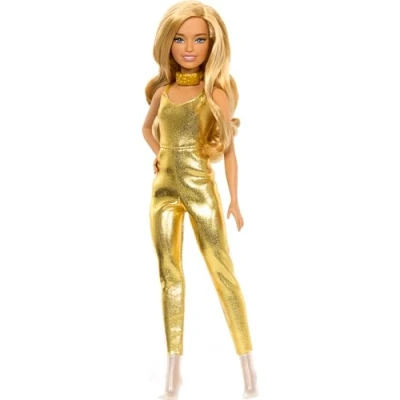 Image de Barbie Fashionistas HRH19 poupée #222 Petite taille avec cheveux blonds ondulés, combinaison dorée et accessoires, de mode à collectionner pour le 65ème anniversaire