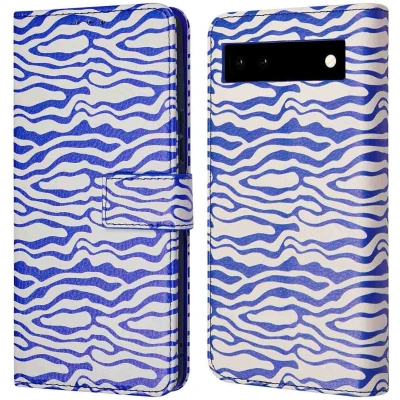Afbeelding van iMoshion Hoesje Geschikt voor Google Pixel 6a Met Pasjeshouder Design Bookcase smartphone Meerkleurig / White Blue Stripes