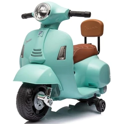 Afbeelding van Vespa Elektrische motorfiets voor kinderen met claxon, gaspedaal, verlichting, zijwielen (turquoise rugleuning)