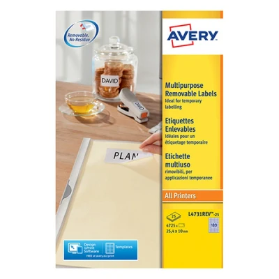 Image de Avery Zweckform L4731 25 étiquettes multi usages A4 25,4 x 10 mm (4725 étiquettes) blanc