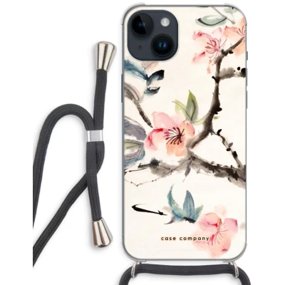 Afbeelding van Case Company® hoesje met Koord geschikt voor iPhone 14 Plus Japanse bloemen Telefoonhoesje Zwart Extra Bescherming aan alle Kanten en Over de Schermrand