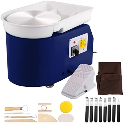 Image de VEVOR Roue de Poterie 28 cm 350 W Machine à Tour Potier Bleu électrique avec Pédale Céramique Matériel Bassin Amovible