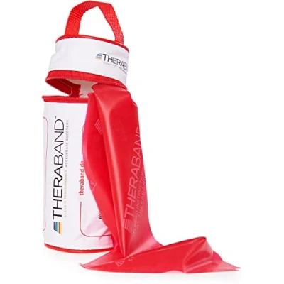 Afbeelding van TheraBand Originele fitnessband, weerstandsband voor krachttraining en gewichtsverlies thuis of in de sportschool, 1 band met tas handleiding set, rood, medium, maat