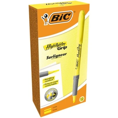 Afbeelding van BIC Highlighter Grip Markeerstiften, afgeschuinde punt, geel, 12 stuks