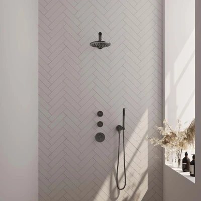 Afbeelding van Brauer Gunmetal Edition Regendoucheset inbouw hoofddouche 20cm 3 gladde knoppen rechte wandarm handdouche staaf 1 stand PVD geborsteld