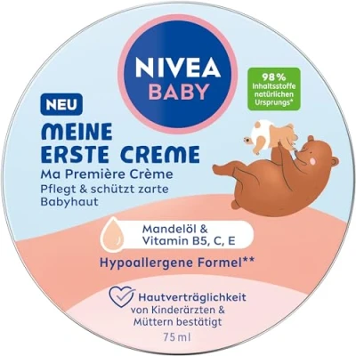Afbeelding van NIVEA BABY Ma eerste veganistische en hypoallergene crème beschermt versterkt de huid, hydraterende voor baby&#039;s met amandelolie vitaminen, zonder microplastics parabenen (75 ml)