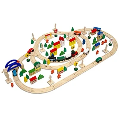 Afbeelding van messefix 130 delig houten treinspel voor kinderen 5 m trein kleine van hout speelgoedtrein vanaf 3 jaar kersttrein met rain circuit veel accessoires spelletjes