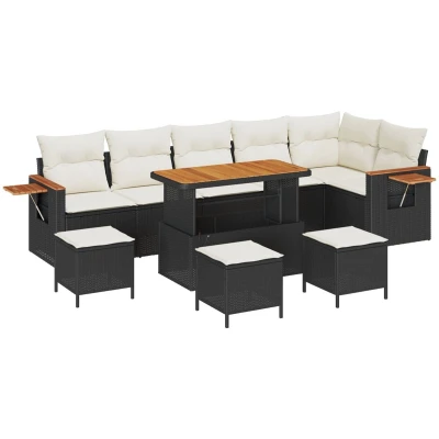 Afbeelding van vidaXL 9 delige Tuin Sofa Set met Kussens Zwart Poly Rattan Acacia