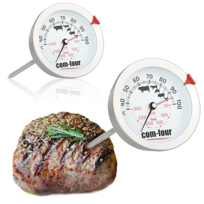 Afbeelding van COM FOUR® 2 x braadthermometer, vleesthermometer met zones, kookpuntweergave, analoge thermometer voor grill en oven, vleesnaald, roestvrij staal (2 stuks, zones)