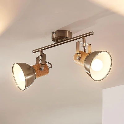 Afbeelding van Lindby buitenspot 2lichts metaal, hout H: 22.5 cm E14 gesatineerd nikkel, helder