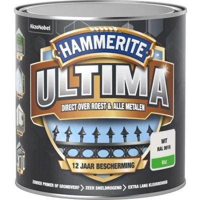 Afbeelding van Hammerite Ultima Metaallak Mat Wit RAL 9016 0,25 liter Kunststof &amp; metaal verf