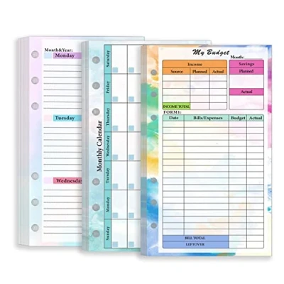 Afbeelding van Zelten Navulverpakking gekleurd geperforeerd papier, 45 vellen, 90 pagina&#039;s, voor 6 gaten, navulbaar dagboek (A6, Budget Weekly Monthly Planner)