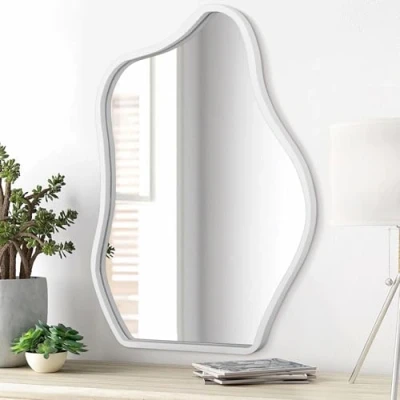 Afbeelding van Asymmetrische wandspiegel met houten frame, golfvorm, unieke moderne decoratie voor slaapkamer, woonkamer, badkamer, schoonheidsruimte, entree, hal (wit)