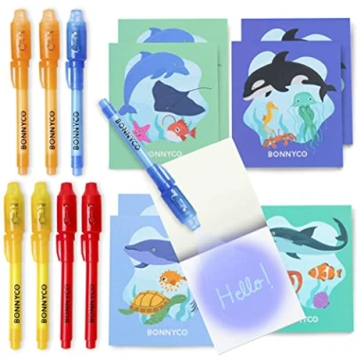 Image de Stylo Encre Invisible et Carnet de Notes Pack 8 Animaux Marins BONNYCO Petits Cadeaux Anniversaire Océan Garcon Fille, Cadeau Enfants Invités, Jouet Pinata Pochette Surprise Élèves
