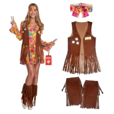 Afbeelding van Morph hippie kostuum voor dames, kostuum, jaren 70 hippiejurk kort, maat M