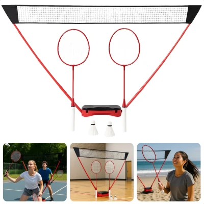Afbeelding van Cheqo Complete Badmintonset 5 delig 2 Badmintonrackets Shuttles Badmintonnet 1,55m Hoog &amp; 3m Breed Draagbare Reiskoffer Stevig Polypropyl