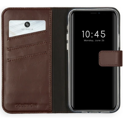 Afbeelding van Selencia Hoesje Geschikt voor iPhone 12 Pro Max Met Pasjeshouder Echt Lederen Bookcase Bruin