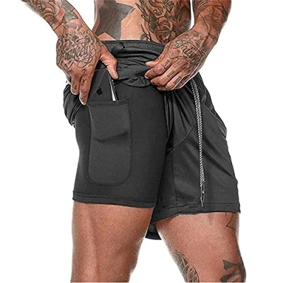Afbeelding van Shorts heren 2 in 1 trainingsshorts zomer korte broek sneldrogende hardloopshort sportbroek met zakken compressieshort, Zwart, L