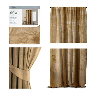Afbeelding van AmeliaHome Velours look gordijn 140 x 270 cm mosterdgeel 1 stuk ondoorzichtig raamdecoratie licht glinsterend
