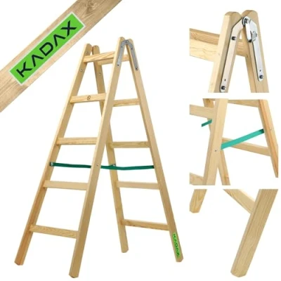 Afbeelding van KADAX houten ladder, belastbaar tot 150 kg, opvouwbare dubbele ladder met stalen haak voor elektricien en huishouden (5 treden)
