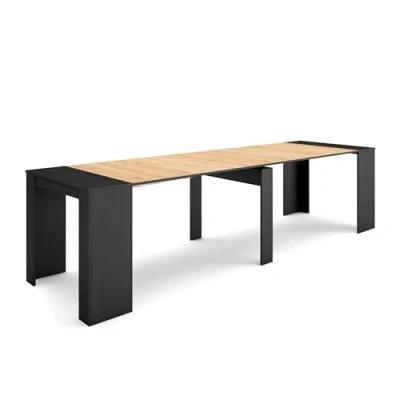 Afbeelding van Skraut Home Uittrekbare consoletafel, meubelconsole, 300, voor 14 personen, eettafel, moderne stijl, zwart en eiken
