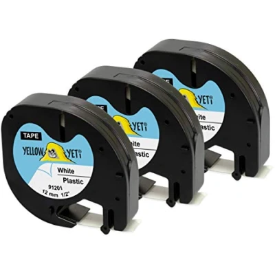 Afbeelding van Yellow Yeti 3 banden cassettes 91201 91221 S0721610 S0721660 zwart op wit 12 mm x 4 m etiketten van kunststof compatibel met DYMO LetraTag LT 100H 100T 110T QX50 XR XM 2000 Plus