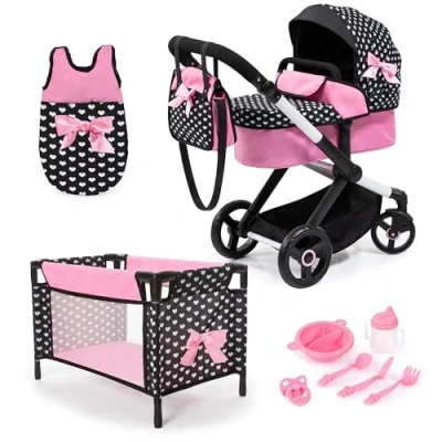 Afbeelding van XEO poppenwagenset, verstelbare duwstang, om te bouwen tot jogger, tas, bed, poppenaccessoires, in zwart/wit/roze