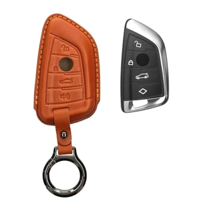 Afbeelding van kwmobile leren autosleutel hoesje geschikt voor BMW 3 knops Smart Key Als sleutelhanger met sleutelring Echt leer in bruin
