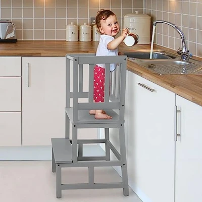 Image de COSYLAND Tour d&#039;apprentissage Pour enfants Bambou naturel certifié FSC® Protection anti basculement Montessori à partir de 1 an cuisine, table, salle bain Gris