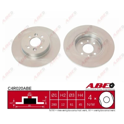 Afbeelding van ABE C4R020ABE Remschijf Achteras 280 12 4 100 volledig RENAULT: Kangoo I Express,