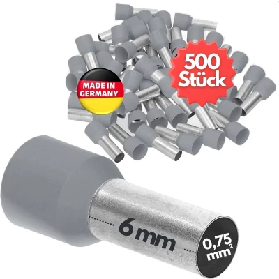 Afbeelding van 500 stuks Kalitec AE07506GR adereindhulzen geïsoleerd 0,75 mm² 6 mm lang grijs I Made in Germany Industriële kwaliteit