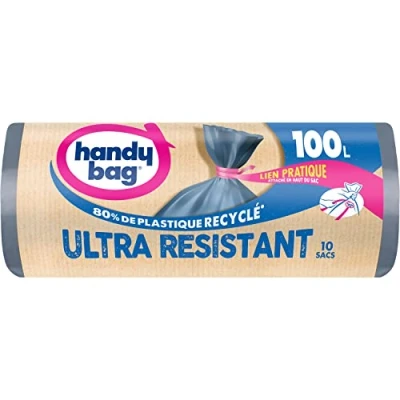 Afbeelding van Handy Bag Praktische vuilniszakken met bindband, 100 l x 10 zakken Lekvrije bodem Maximale waterdichtheid band bevestigd aan de bovenkant van zak 100% gerecycled kunststof