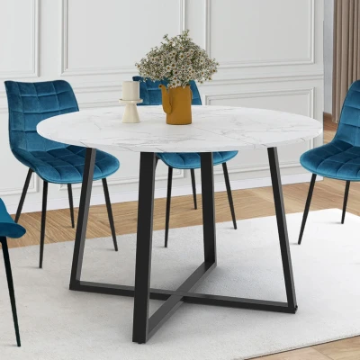 Image de Table à manger ronde SELMA 4 6 personnes plateau effet marbre blanc ALASKA et noir 110 cm IDMarket