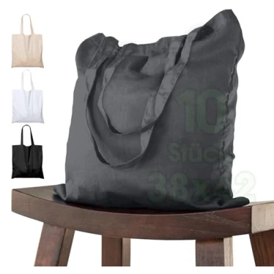 Afbeelding van ELES VIDA Katoenen tassen met lange handgrepen, Öko Tex® kwaliteitsproduct, transporttas, jutten tas, stoffen tas boodschappentas, 100% katoen, 10 stuks, 38 x 42cm, donkergrijs
