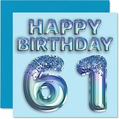 Afbeelding van Verjaardagskaart voor mannen 61e verjaardag blauwe glitterfeestballon verjaardagskaarten van 61 jaar, oom, opa,