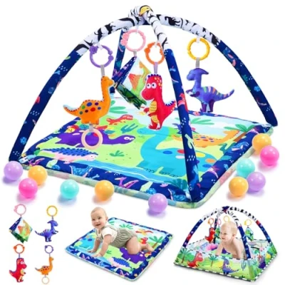 Afbeelding van JoltJive Dinosaurus kruipmat voor baby&#039;s, kruipdeken 0 6, 6 18 maanden, en speelmat met sensorisch speelgoed ballen, teether buiktijd, vanaf de geboorte