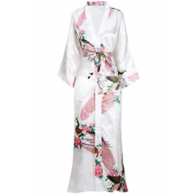Afbeelding van Babyond Kimono voor dames met pauwen print, lengte 135 cm, Wit.